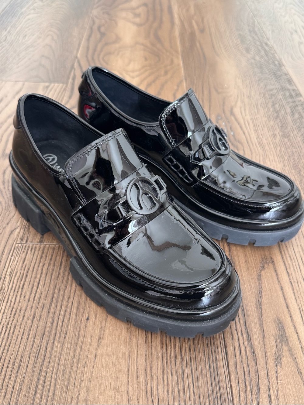 Wishbone Frankie Black Patent Leather Slip-On Loafers with Decorative Hardware